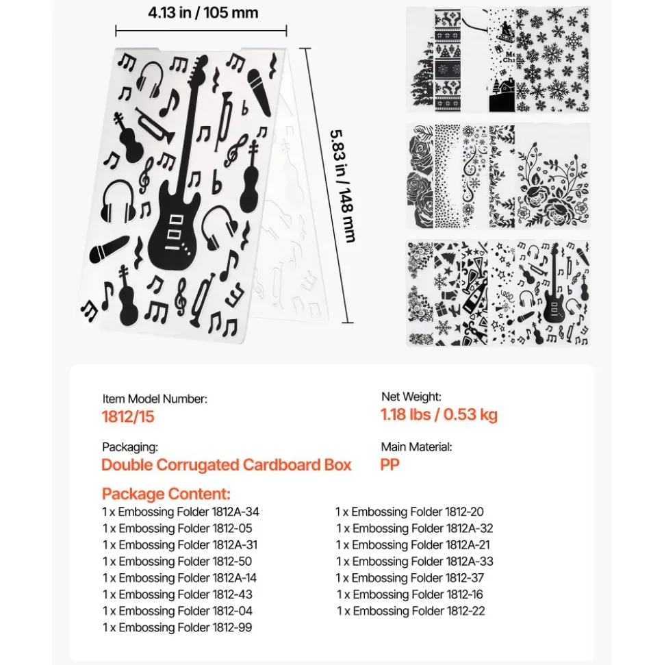 VEVOR Embossing Folders, 15 Pieces, 4.13 x 5.83 in, Background Embossed Plates for VEVOR Die Cutting and Embossing Machine, PP Plastic Embossed Stencil Template for Scrapbooking and Card Making