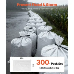 VEVOR Empty Sandbags, 300 Packs 16 x 26 in, Heavy Duty Sand Bags Sacks with Ties, 50lb Capacity Woven Polypropylene Sandbags, Tear-Resistant & UV-Resistant Sand Bags for Flood Protection Barrier