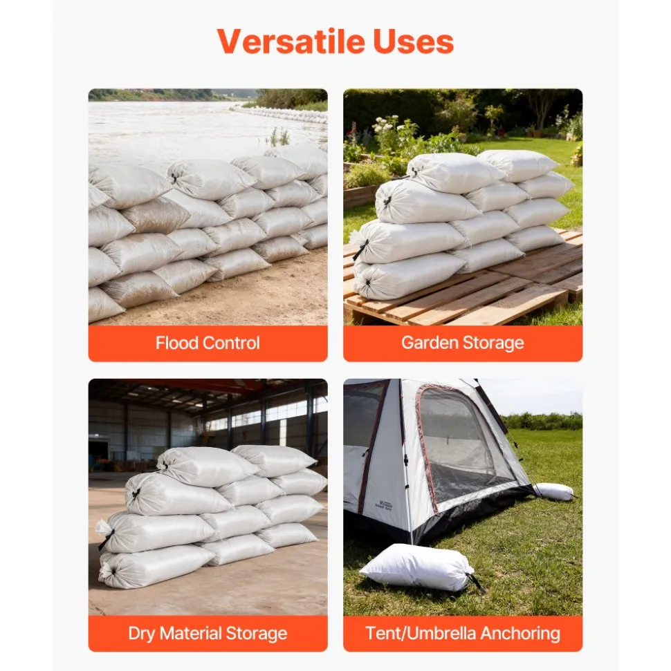 VEVOR Empty Sandbags, 300 Packs 16 x 26 in, Heavy Duty Sand Bags Sacks with Ties, 50lb Capacity Woven Polypropylene Sandbags, Tear-Resistant & UV-Resistant Sand Bags for Flood Protection Barrier