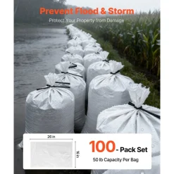VEVOR Empty Sandbags, 100 Packs 16 x 26 in, Heavy Duty Sand Bags Sacks with Ties, 50lb Capacity Woven Polypropylene Sandbags, Tear-Resistant & UV-Resistant Sand Bags for Flood Protection Barrier