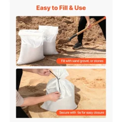 VEVOR Empty Sandbags, 200 Packs 16 x 26 in, Heavy Duty Sand Bags Sacks with Ties, 50lb Capacity Woven Polypropylene Sandbags, Tear-Resistant & UV-Resistant Sand Bags for Flood Protection Barrier