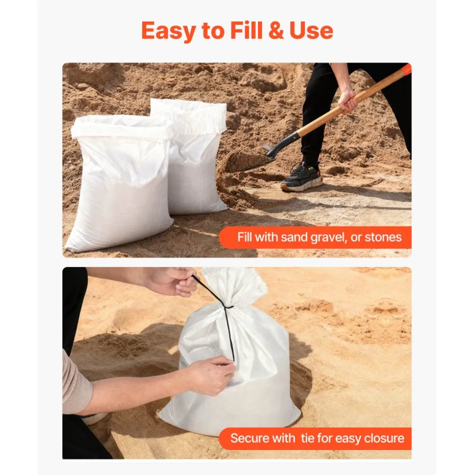 VEVOR Empty Sandbags, 200 Packs 16 x 26 in, Heavy Duty Sand Bags Sacks with Ties, 50lb Capacity Woven Polypropylene Sandbags, Tear-Resistant & UV-Resistant Sand Bags for Flood Protection Barrier