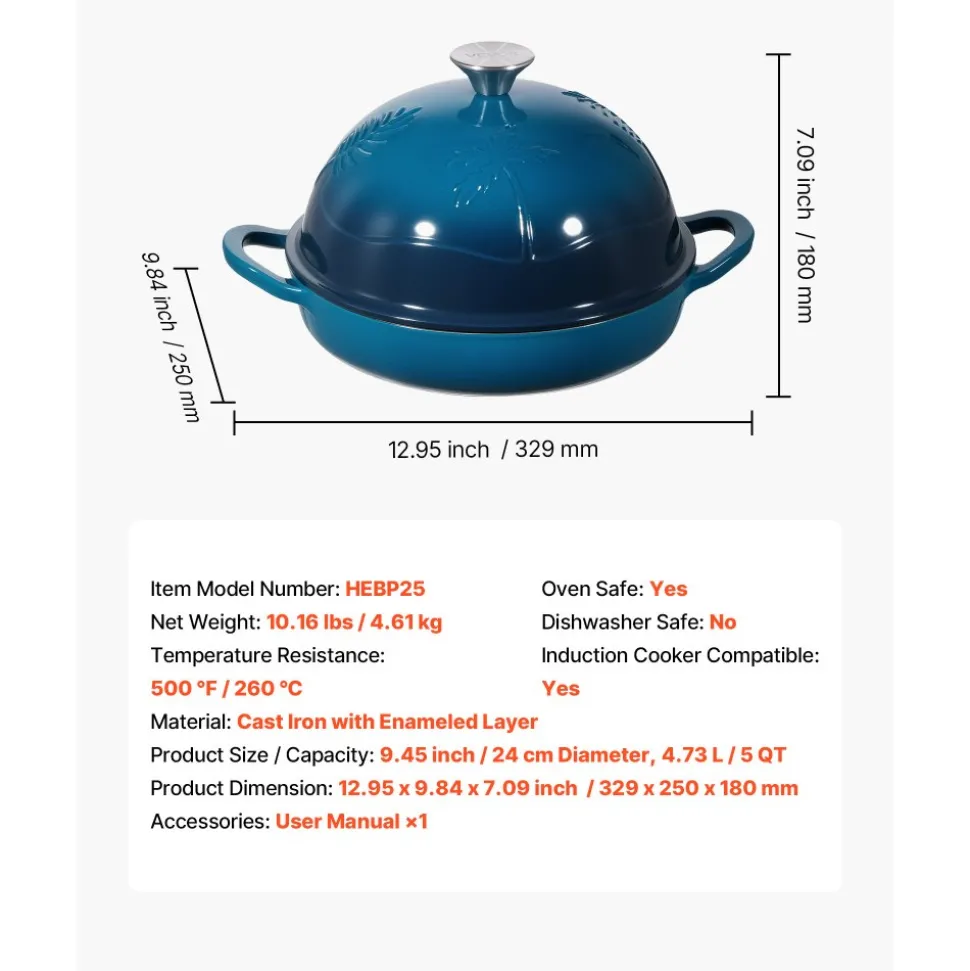 VEVOR Enameled Cast Iron Dutch Oven, 5 Quart Pot for Sourdough Bread Baking, Heavy-Duty Cookware Pan with Lid and Dual Handles, Oven Induction Compatible up to 500℉, for Cooking Roasting