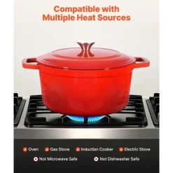 VEVOR Enameled Cast Iron Dutch Oven, 6 Quart Pot with Lid and Dual Handles, Heavy-Duty Durable Cookware Pan, Oven Induction Compatible up to 500℉, for Braising, Stews, Roasting, Bread Baking, Red