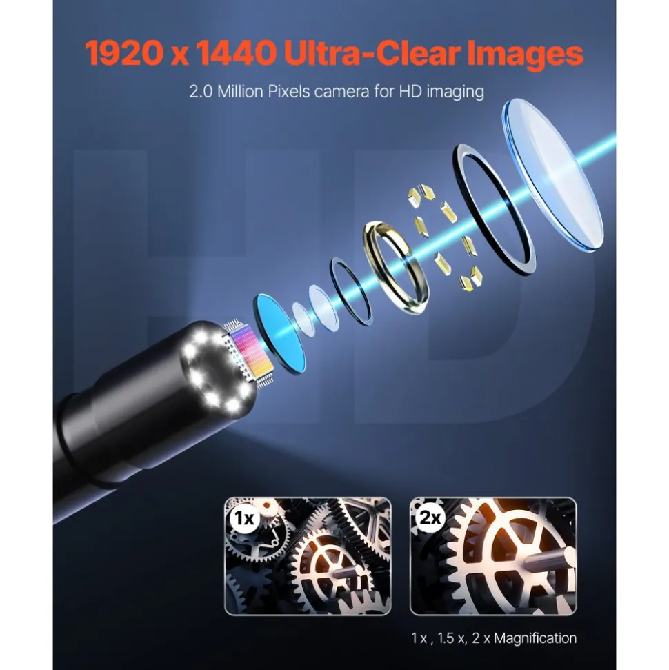 VEVOR Endoscope Camera with 49.2FT Semi-Rigid Cable, 1920P HD Borescope for Android & IOS, Industrial Inspection Camera with Light - 8 LED, 2X Zoom, IP67 Waterproof Snake Camera for Auto, Plumbing