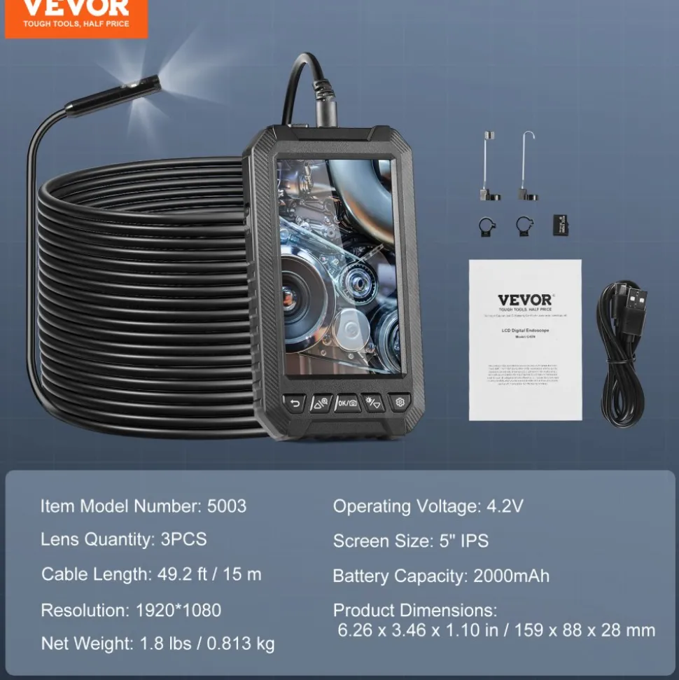 VEVOR Endoscope Camera with Light, Dual Lens Borescope with 49.2FT Semi-Rigid Cable, 4.3" Screen 1080P Inspection Camera, 8 + 1 LED Lights, 4X Zoom, IP67 Waterproof Snake Camera for Auto, Plumbing