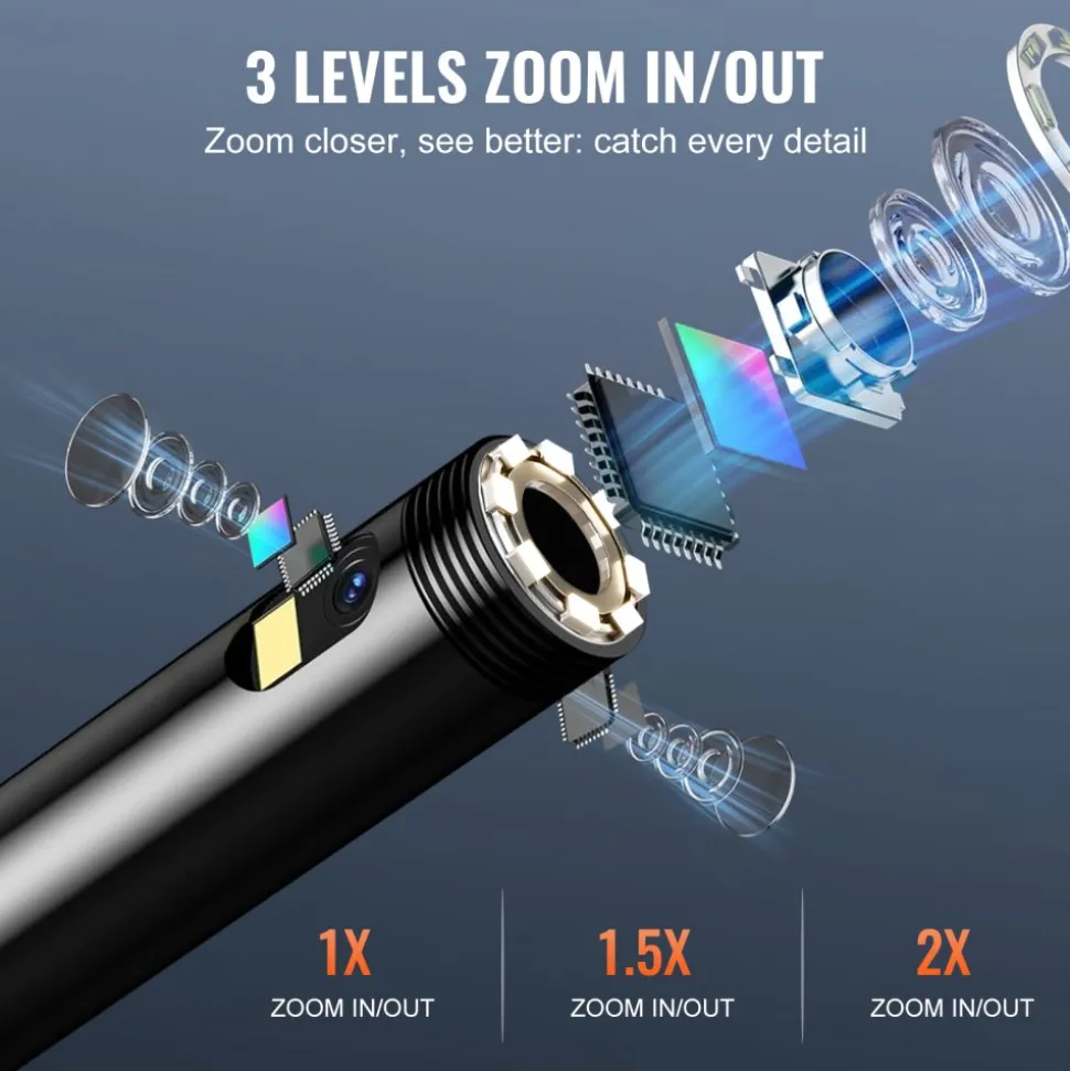 VEVOR Endoscope Camera with Light, Dual Lens Borescope with 49.2FT Semi-Rigid Cable, 4.3" Screen 1080P Inspection Camera, 8 + 1 LED Lights, 4X Zoom, IP67 Waterproof Snake Camera for Auto, Plumbing