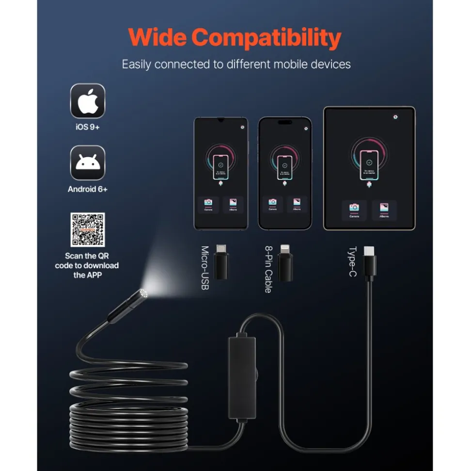 VEVOR Endoscope Camera with Light, 1920P HD Borescope for Android & IOS, 8 LED Lights Inspection Camera with 16.4FT Semi-Rigid Cable, 2X Zoom, IP67 Waterproof Snake Scope Camera for Auto, Plumbing