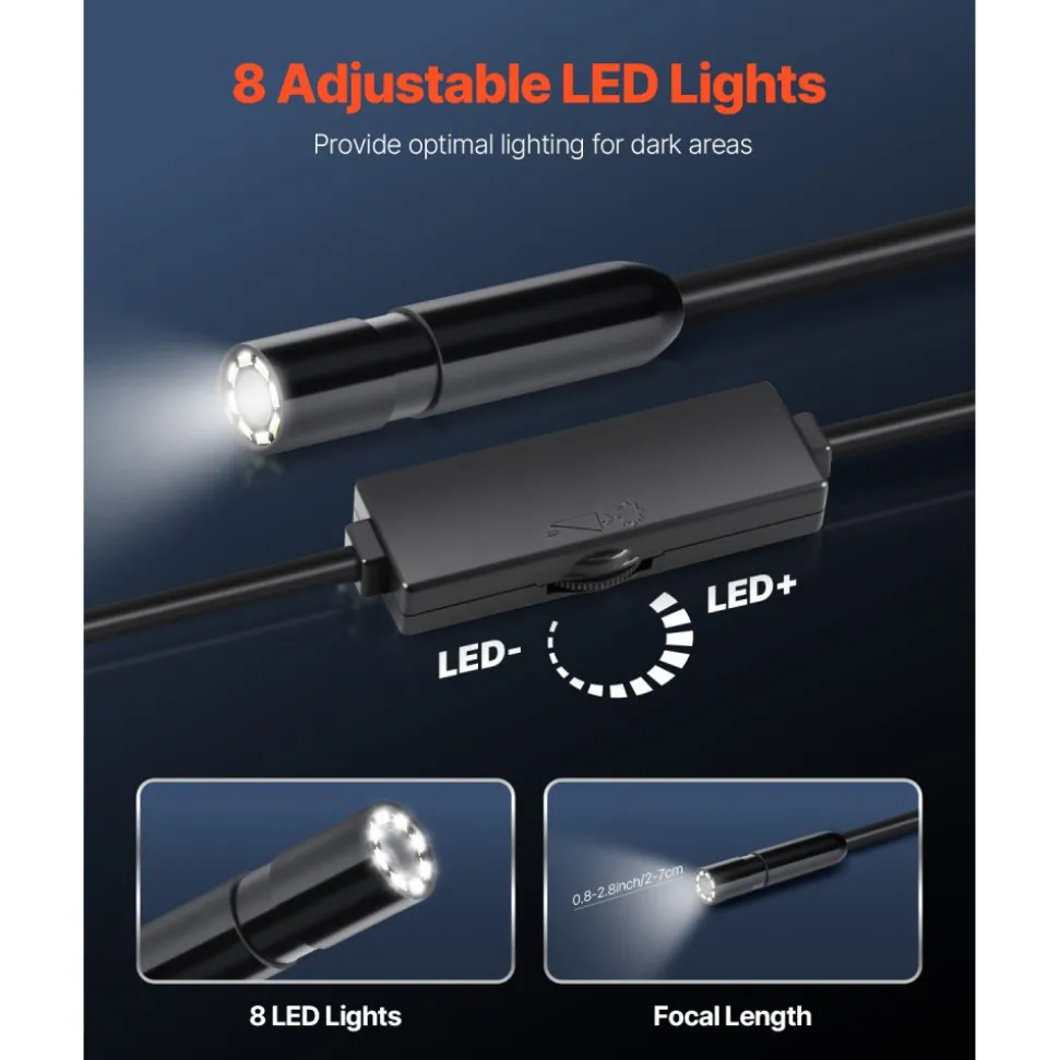 VEVOR Endoscope Camera with Light, 1920P HD Borescope for Android & IOS, 8 LED Lights Inspection Camera with 16.4FT Semi-Rigid Cable, 2X Zoom, IP67 Waterproof Snake Scope Camera for Auto, Plumbing