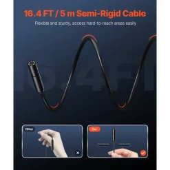 VEVOR Endoscope Camera with Light, 1920P HD Borescope for Android & IOS, 8 LED Lights Inspection Camera with 16.4FT Semi-Rigid Cable, 2X Zoom, IP67 Waterproof Snake Scope Camera for Auto, Plumbing