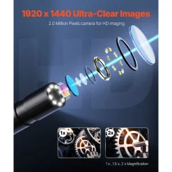 VEVOR Endoscope Camera with Light, 1920P HD Borescope for Android & IOS, 8 LED Lights Inspection Camera with 16.4FT Semi-Rigid Cable, 2X Zoom, IP67 Waterproof Snake Scope Camera for Auto, Plumbing
