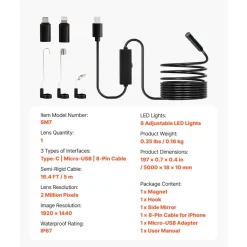 VEVOR Endoscope Camera with Light, 1920P HD Borescope for Android & IOS, 8 LED Lights Inspection Camera with 16.4FT Semi-Rigid Cable, 2X Zoom, IP67 Waterproof Snake Scope Camera for Auto, Plumbing
