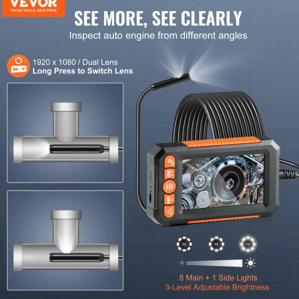 VEVOR Endoscope Camera with Light, Dual Lens Industrial Borescope, 4.3" Screen 1080P Inspection Camera, 8 + 1 Lights, 4X Zoom, IP67 Waterproof Snake Camera for Auto, Plumbing (16.4FT Cable, 32GB Card)