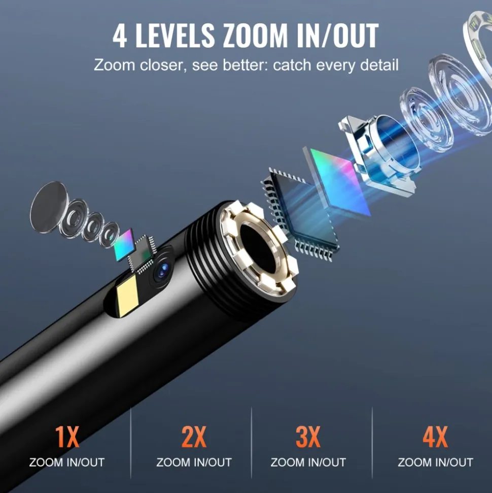 VEVOR Endoscope Camera with Light, Dual Lens Industrial Borescope, 4.3" Screen 1080P Inspection Camera, 8 + 1 Lights, 4X Zoom, IP67 Waterproof Snake Camera for Auto, Plumbing (16.4FT Cable, 32GB Card)