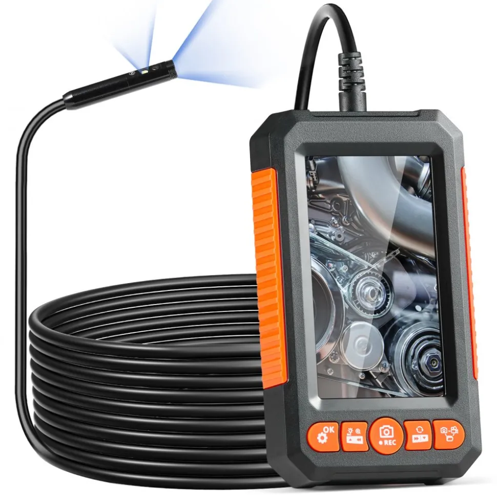 VEVOR Endoscope Camera with Light, Dual Lens Industrial Borescope, 4.3" Screen 1080P Inspection Camera, 8 + 1 Lights, 4X Zoom, IP67 Waterproof Snake Camera for Auto, Plumbing (16.4FT Cable, 32GB Card)