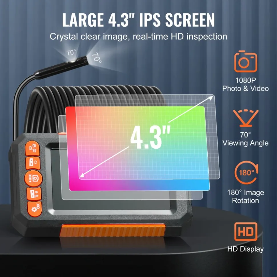 VEVOR Endoscope Camera with Light, Dual Lens Industrial Borescope, 4.3" Screen 1080P Inspection Camera, 8 + 1 Lights, 4X Zoom, IP67 Waterproof Snake Camera for Auto, Plumbing (16.4FT Cable, 32GB Card)