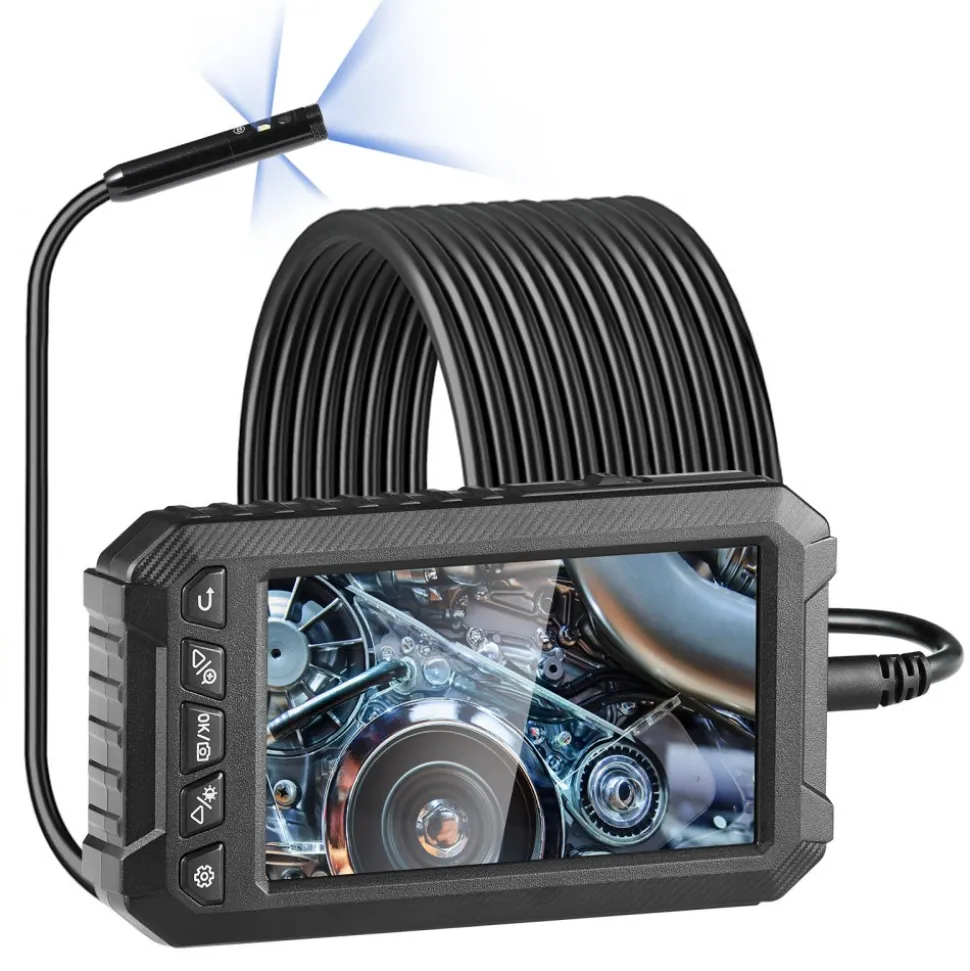 VEVOR Endoscope Camera with Light, Triple Lens Industrial Borescope, 5" Screen 1080P Inspection Camera, 8 + 2 Lights, IP67 Waterproof Snake Camera for Automotive, Plumbing (16.4FT Cable, 32GB Card)