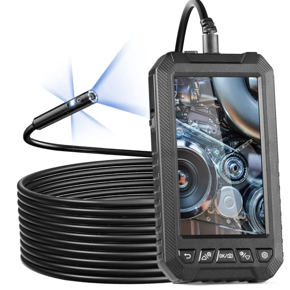VEVOR Endoscope Camera with Light, Triple Lens Industrial Borescope, 5" Screen 1080P Inspection Camera, 8 + 2 Lights, IP67 Waterproof Snake Camera for Automotive, Plumbing (16.4FT Cable, 32GB Card)