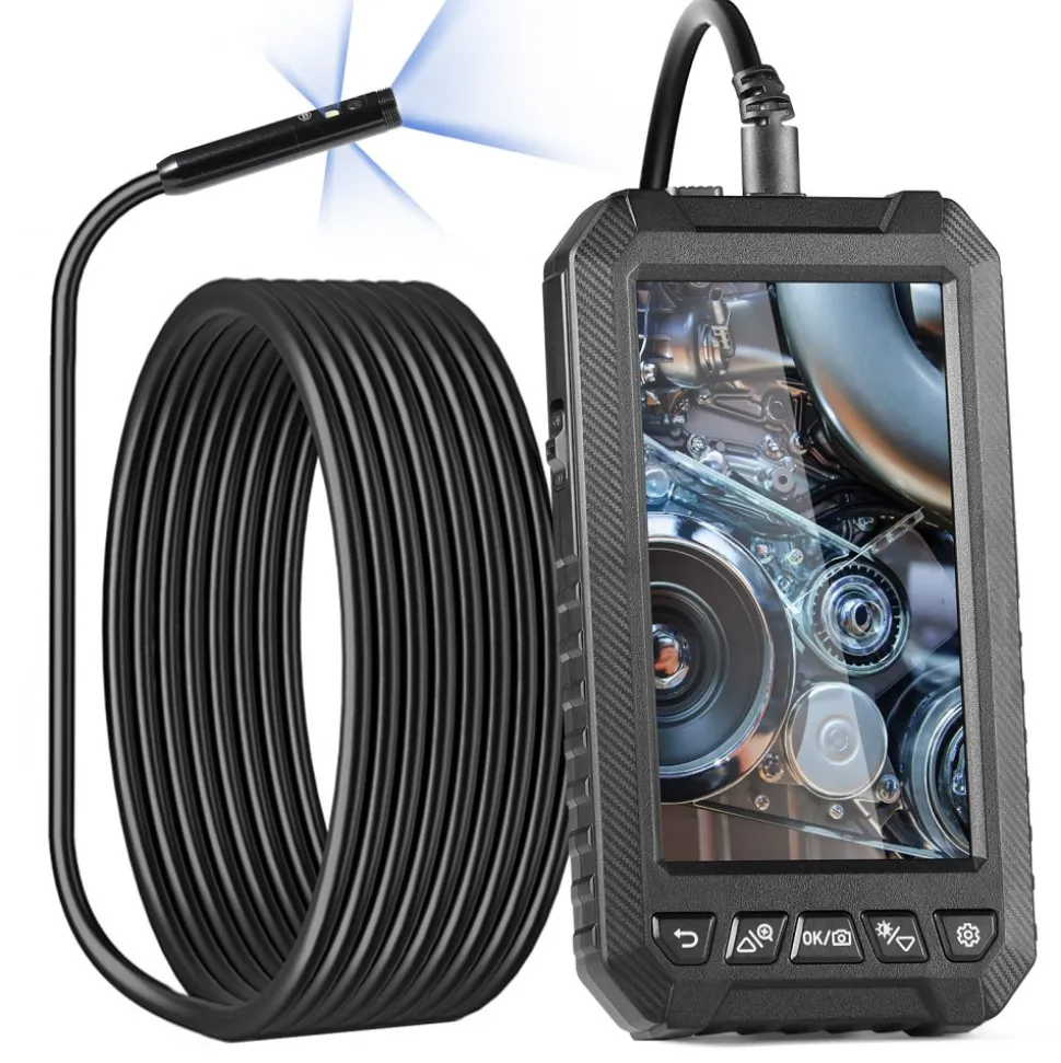 VEVOR Endoscope Camera with Light, Triple Lens Industrial Borescope, 5" Screen 1080P Inspection Camera, 8 + 2 Lights, IP67 Waterproof Snake Camera for Automotive, Plumbing (16.4FT Cable, 32GB Card)