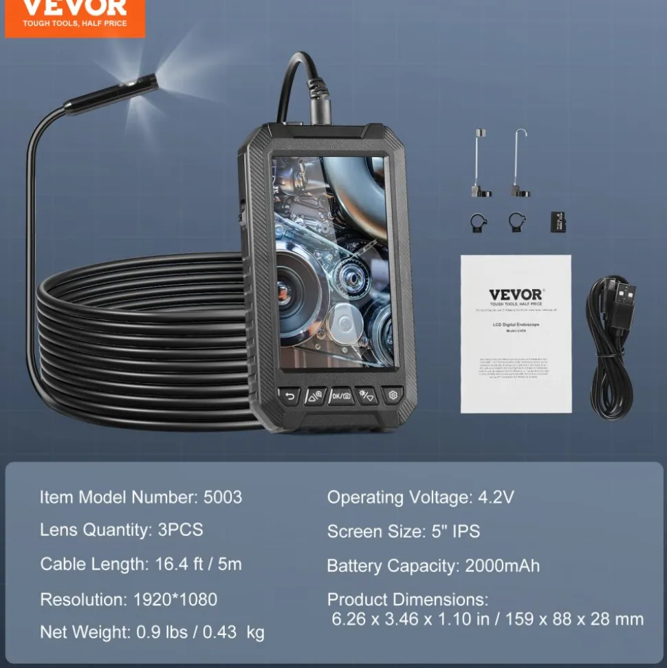 VEVOR Endoscope Camera with Light, Triple Lens Industrial Borescope, 5" Screen 1080P Inspection Camera, 8 + 2 Lights, IP67 Waterproof Snake Camera for Automotive, Plumbing (16.4FT Cable, 32GB Card)