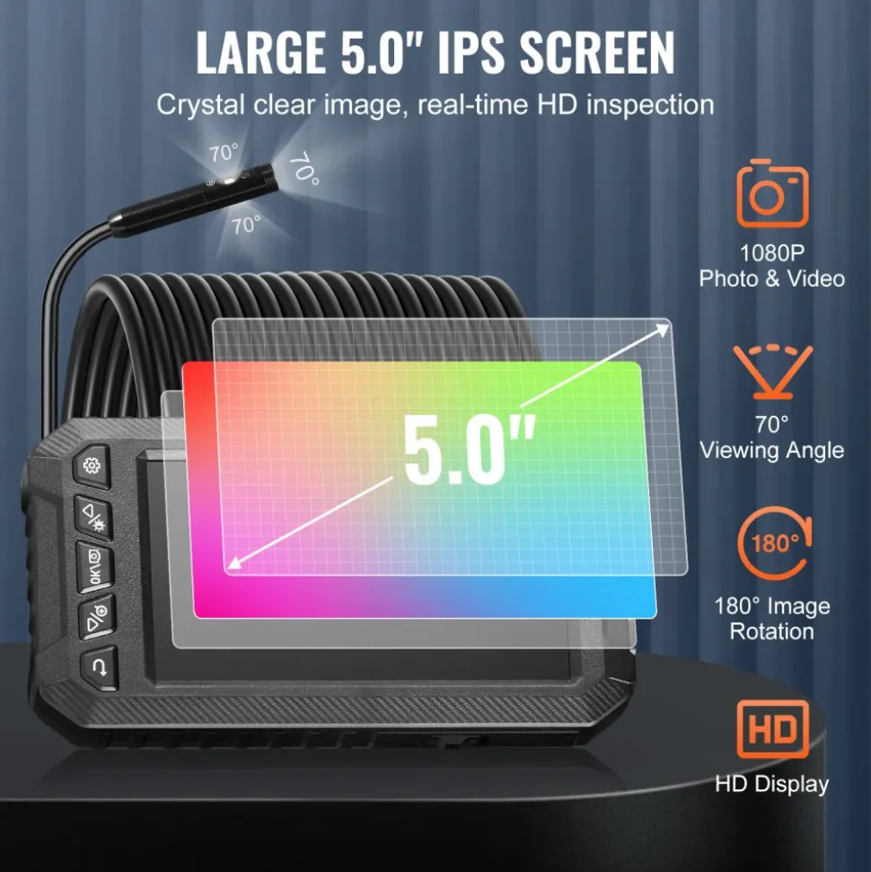 VEVOR Endoscope Camera with Light, Triple Lens Industrial Borescope, 5" Screen 1080P Inspection Camera, 8 + 2 Lights, IP67 Waterproof Snake Camera for Automotive, Plumbing (16.4FT Cable, 32GB Card)