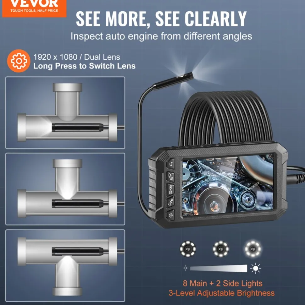 VEVOR Endoscope Camera with Light, Triple Lens Industrial Borescope, 5" Screen 1080P Inspection Camera, 8 + 2 Lights, IP67 Waterproof Snake Camera for Automotive, Plumbing (16.4FT Cable, 32GB Card)