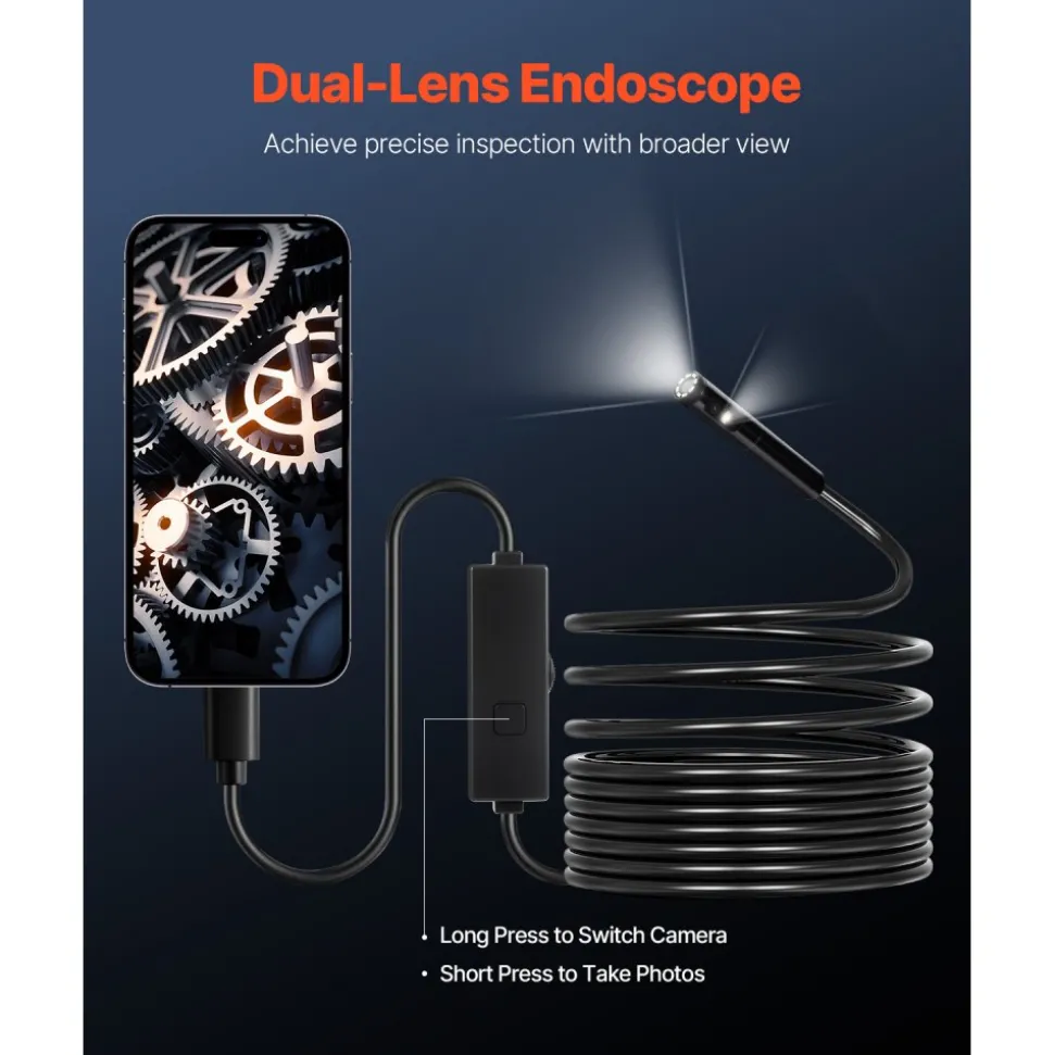 VEVOR Endoscope Camera with Light, Dual Lens Borescope for Android & IOS, 1920P HD Inspection Camera with 8 + 1 LED Light, 2X Zoom, 16.4FT Snake Cable, IP67 Waterproof Snake Camera for Auto, Plumbing