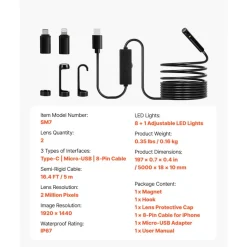 VEVOR Endoscope Camera with Light, Dual Lens Borescope for Android & IOS, 1920P HD Inspection Camera with 8 + 1 LED Light, 2X Zoom, 16.4FT Snake Cable, IP67 Waterproof Snake Camera for Auto, Plumbing