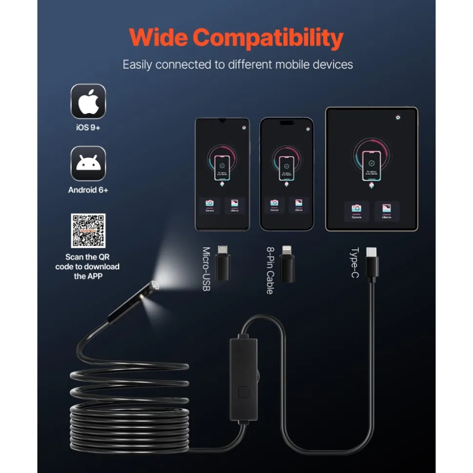 VEVOR Endoscope Camera with Light, Dual Lens Borescope for Android & IOS, 1920P HD Inspection Camera with 8 + 1 LED Light, 2X Zoom, 16.4FT Snake Cable, IP67 Waterproof Snake Camera for Auto, Plumbing
