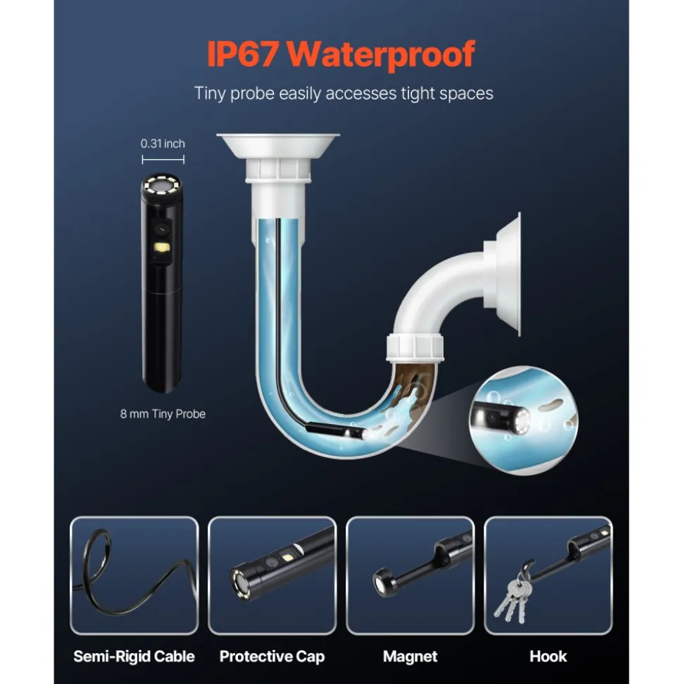 VEVOR Endoscope Camera with Light, Dual Lens Borescope for Android & IOS, 1920P HD Inspection Camera with 8 + 1 LED Lights, 2X Zoom, 10FT Snake Cable, IP67 Waterproof Snake Camera for Auto, Plumbing