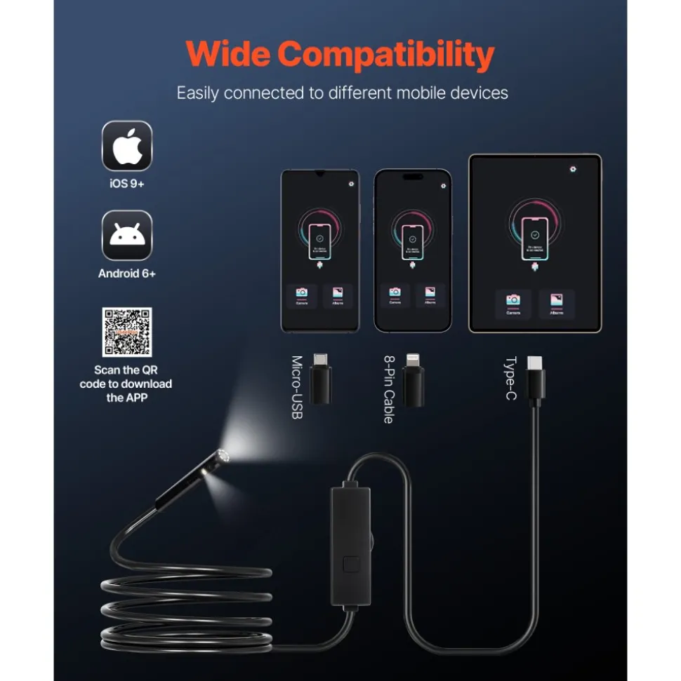 VEVOR Endoscope Camera with Light, Dual Lens Borescope for Android & IOS, 1920P HD Inspection Camera with 8 + 1 LED Lights, 2X Zoom, 10FT Snake Cable, IP67 Waterproof Snake Camera for Auto, Plumbing