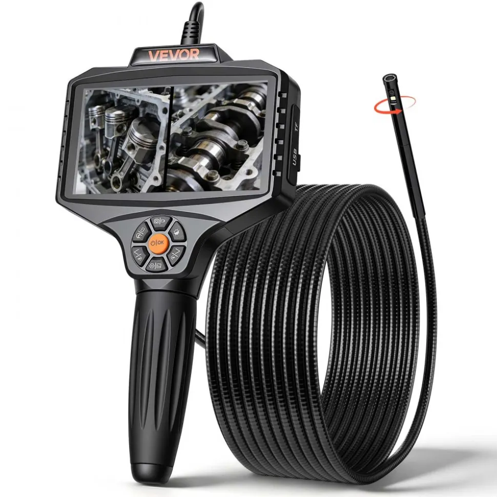 VEVOR Endoscope with Light, 360° View Coverage Industrial Borescope Inspection Camera with Rotating Probe, 1080P HD Rigid Snake Scope Cam for Wall Automotive Engine Inspect-16.4FT