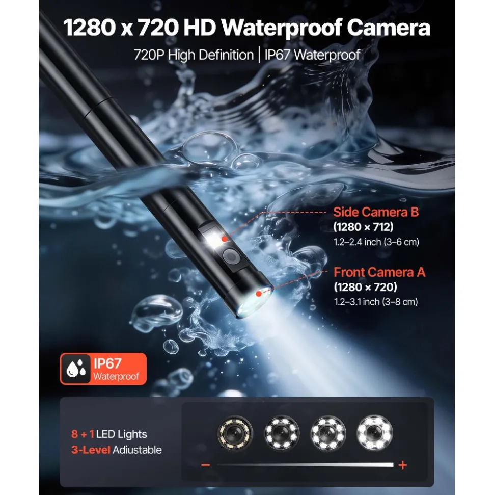VEVOR Endoscope with Light, 360° View Coverage Industrial Borescope Inspection Camera with Rotating Probe, 1080P HD Rigid Snake Scope Cam for Wall Automotive Engine Inspect-16.4FT