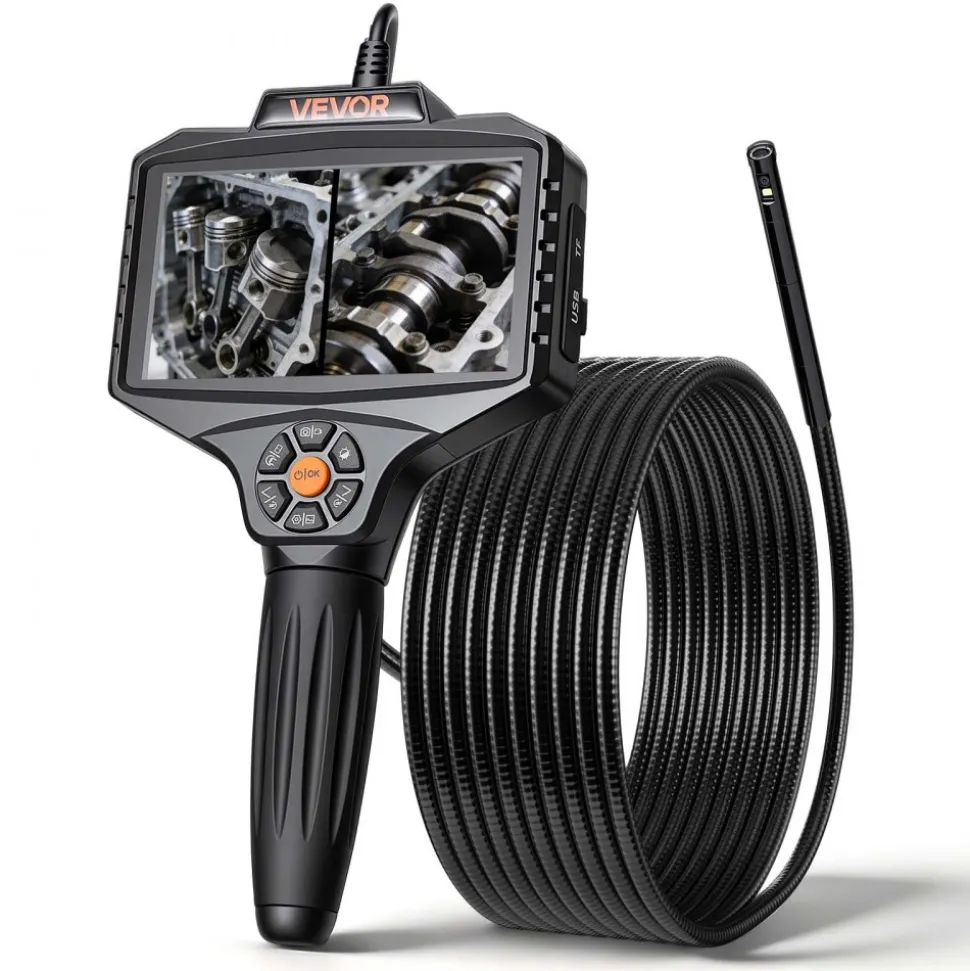 VEVOR Endoscope with Light, 360° View Coverage Industrial Borescope Inspection Camera with Rotating Probe, 1080P HD Rigid Snake Scope Cam for Wall Automotive Engine Inspect-16.4FT
