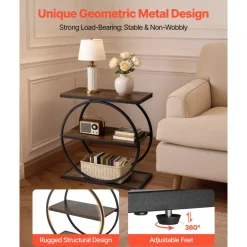 VEVOR End Table, 3-Tier Narrow Side Table with Open Storage Shelves, Modern Nightstand Bedside Desk with Round Metal Frame, Wood Sofa Coffee Desk for Living Room, Bedroom, Office, Rustic Brown