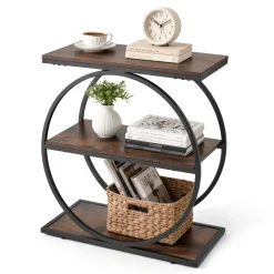 VEVOR End Table, 3-Tier Narrow Side Table with Open Storage Shelves, Modern Nightstand Bedside Desk with Round Metal Frame, Wood Sofa Coffee Desk for Living Room, Bedroom, Office, Rustic Brown