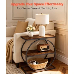 VEVOR End Table, 3-Tier Narrow Side Table with Open Storage Shelves, Modern Nightstand Bedside Desk with Round Metal Frame, Wood Sofa Coffee Desk for Living Room, Bedroom, Office, Rustic Brown
