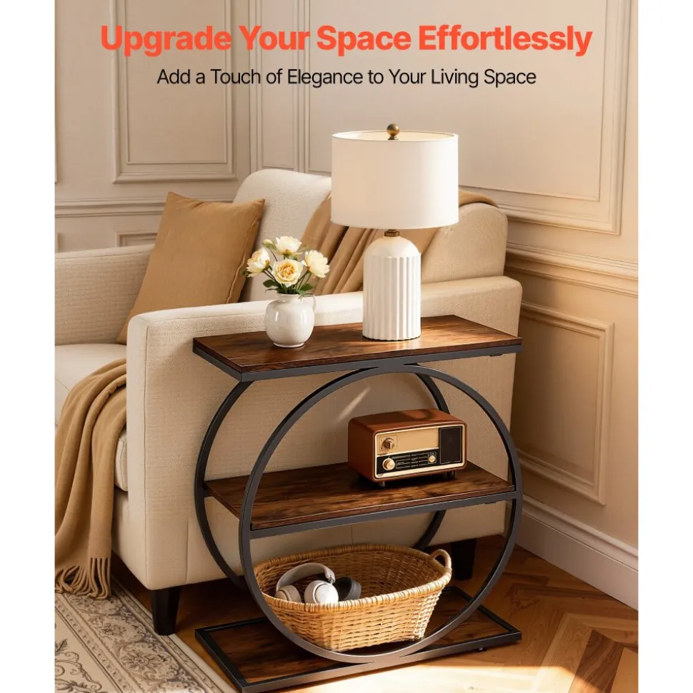 VEVOR End Table, 3-Tier Narrow Side Table with Open Storage Shelves, Modern Nightstand Bedside Desk with Round Metal Frame, Wood Sofa Coffee Desk for Living Room, Bedroom, Office, Rustic Brown