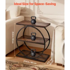 VEVOR End Table, 3-Tier Narrow Side Table with Open Storage Shelves, Modern Nightstand Bedside Desk with Round Metal Frame, Wood Sofa Coffee Desk for Living Room, Bedroom, Office, Rustic Brown