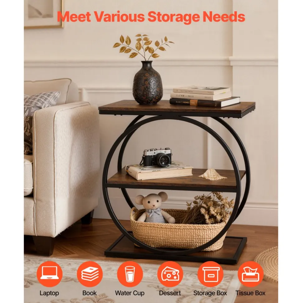 VEVOR End Table, 3-Tier Narrow Side Table with Open Storage Shelves, Modern Nightstand Bedside Desk with Round Metal Frame, Wood Sofa Coffee Desk for Living Room, Bedroom, Office, Rustic Brown