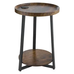 VEVOR End Table, 2-Tier Round Side Table with Open Storage Shelves, Modern Nightstand Bedside Desk with USB & AC Charging Port, Wood Sofa Coffee Desk for Living Room, Bedroom, Office, Dorm, Brown