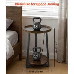 VEVOR End Table, 2-Tier Round Side Table with Open Storage Shelves, Modern Nightstand Bedside Desk with USB & AC Charging Port, Wood Sofa Coffee Desk for Living Room, Bedroom, Office, Dorm, Brown