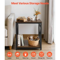 VEVOR End Table, 2-Tier Square Side Table with Open Storage Shelves, Modern Nightstand Bedside Desk with X-Design Metal Frame, Wood Sofa Coffee Desk for Living Room, Bedroom, Office, Dorm, Brown