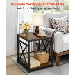 VEVOR End Table, 2-Tier Square Side Table with Open Storage Shelves, Modern Nightstand Bedside Desk with X-Design Metal Frame, Wood Sofa Coffee Desk for Living Room, Bedroom, Office, Dorm, Brown