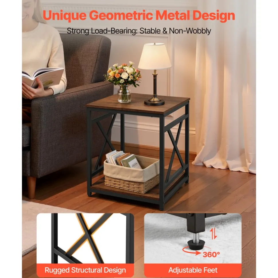 VEVOR End Table, 2-Tier Square Side Table with Open Storage Shelves, Modern Nightstand Bedside Desk with X-Design Metal Frame, Wood Sofa Coffee Desk for Living Room, Bedroom, Office, Dorm, Brown