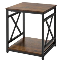 VEVOR End Table, 2-Tier Square Side Table with Open Storage Shelves, Modern Nightstand Bedside Desk with X-Design Metal Frame, Wood Sofa Coffee Desk for Living Room, Bedroom, Office, Dorm, Brown