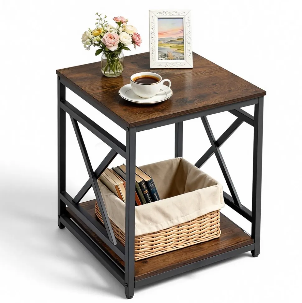 VEVOR End Table, 2-Tier Square Side Table with Open Storage Shelves, Modern Nightstand Bedside Desk with X-Design Metal Frame, Wood Sofa Coffee Desk for Living Room, Bedroom, Office, Dorm, Brown