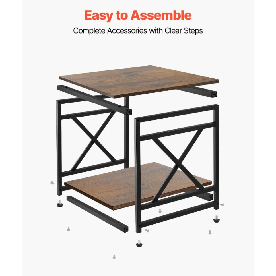 VEVOR End Table, 2-Tier Square Side Table with Open Storage Shelves, Modern Nightstand Bedside Desk with X-Design Metal Frame, Wood Sofa Coffee Desk for Living Room, Bedroom, Office, Dorm, Brown