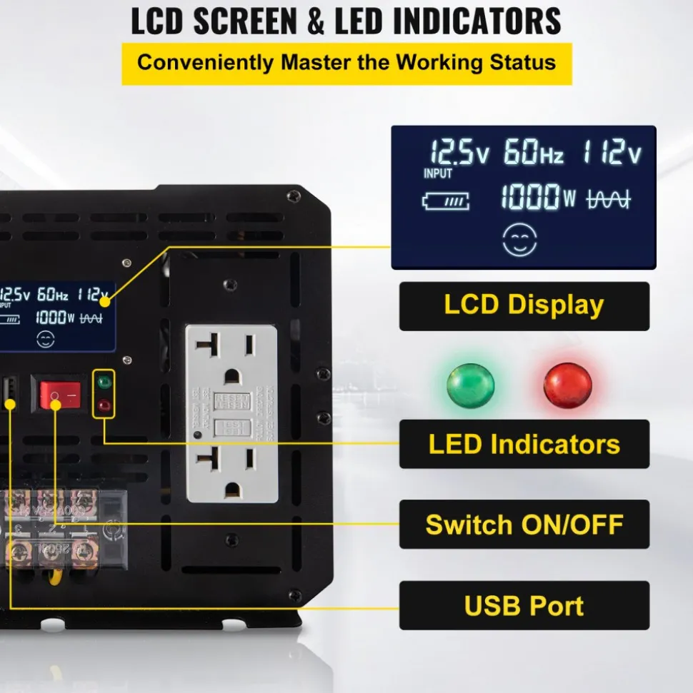VEVOR Energy Converter, 5000W Modified Wave Transformer, 12V DC to 110V AC Vehicle Adapter, featuring LCD Screen, Remote Control, LED Light, and GFCI Sockets for RVs, Trucks, Boats, and Outdoor Adv