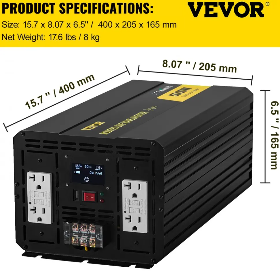 VEVOR Energy Converter, 5000W Modified Wave Transformer, 12V DC to 110V AC Vehicle Adapter, featuring LCD Screen, Remote Control, LED Light, and GFCI Sockets for RVs, Trucks, Boats, and Outdoor Adv